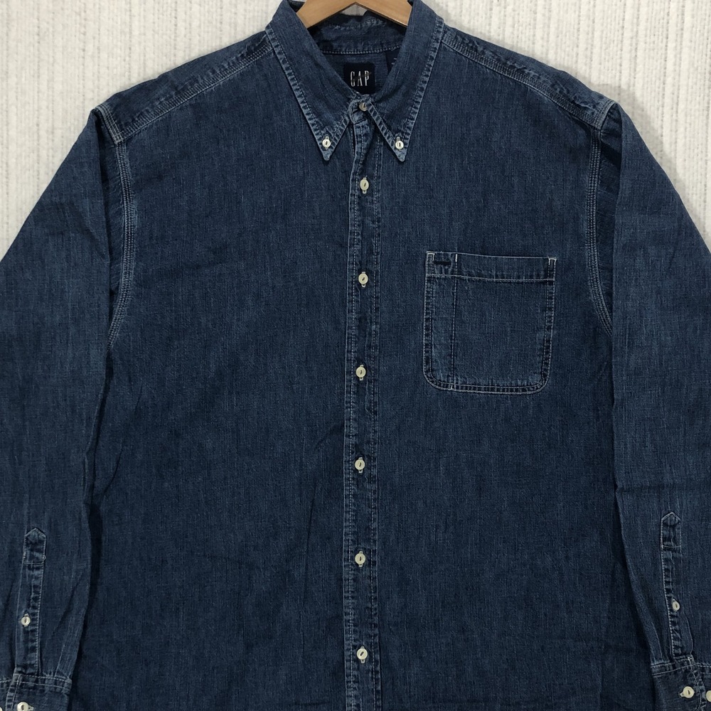 GAP Mens XL Dark Wash Denim Button Down Shirt Long Sleeve Cotton Workwear Pocket